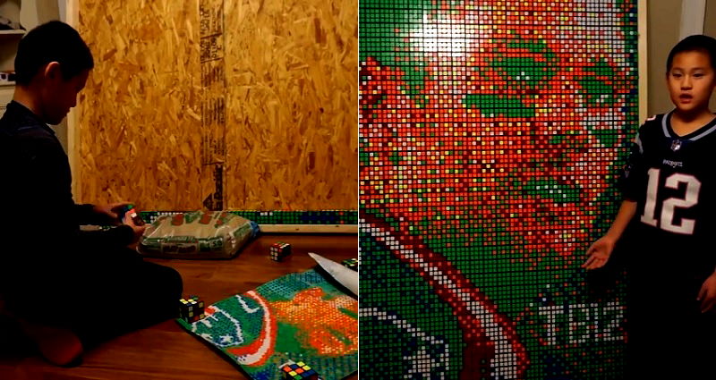 9-Year-Old Boy Uses 999 Rubik’s Cubes to Create a Portrait of Tom Brady