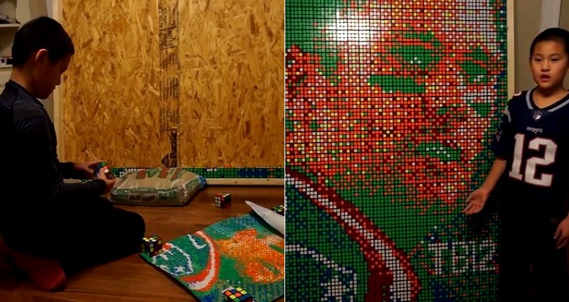 9-Year-Old Boy Uses 999 Rubik’s Cubes to Create a Portrait of Tom Brady