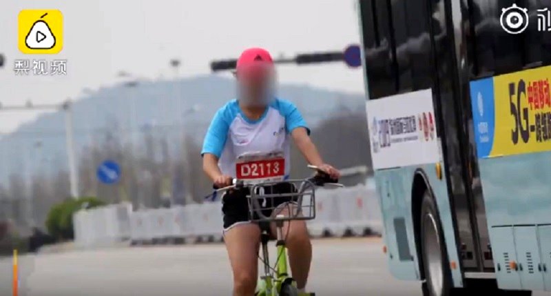 A Chinese woman was recently disqualified from a marathon after being caught riding a bicycle during the event last week.