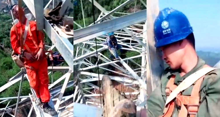 Chinese Electric Workers Bravely Nap on Towers 160 Feet Above the Ground