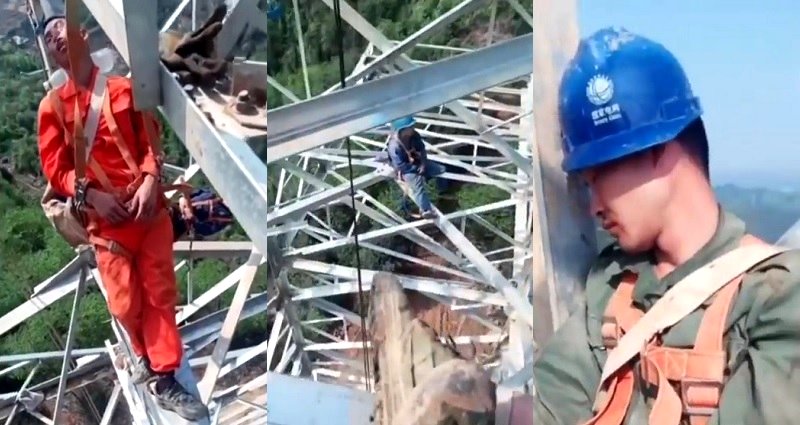 Chinese Electric Workers Bravely Nap on Towers 160 Feet Above the Ground