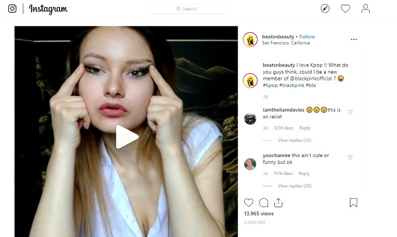Sofia Valentini, who goes by the IG handle name of @beatsnbeauty, posted the incredibly racist video on Saturday where she expressed her “love” for K-pop (Korean pop) in the caption; however, the video shows a rather different picture than the expressed sentiments in her caption.