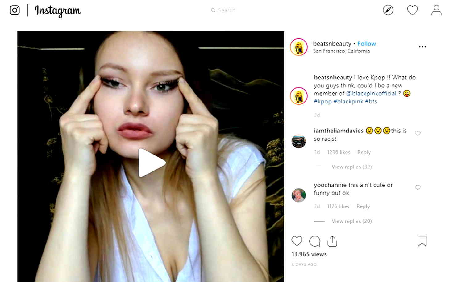 Sofia Valentini, who goes by the IG handle name of @beatsnbeauty, posted the incredibly racist video on Saturday where she expressed her “love” for K-pop (Korean pop) in the caption; however, the video shows a rather different picture than the expressed sentiments in her caption.