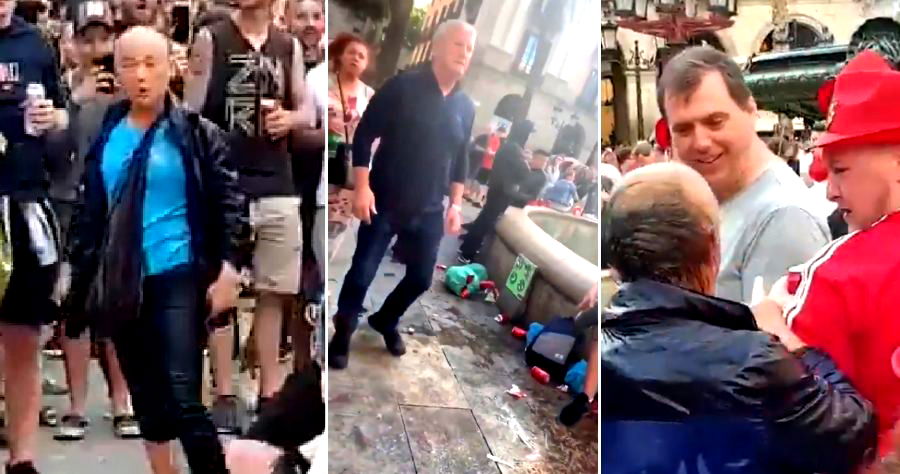 Trashy Football Fans Caught on Video Assaulting, Racially Abusing Elderly Asian Man in Barcelona