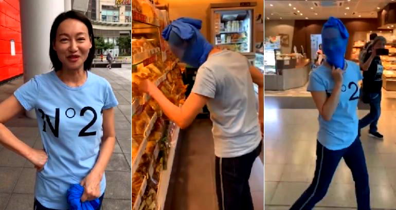 Hong Kong Actress Goes Shopping with a Stocking Over Her Head After Losing Bet