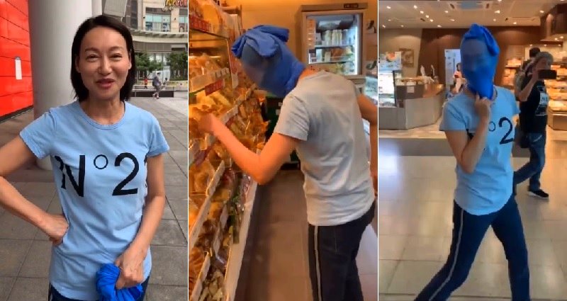 Hong Kong Actress Goes Shopping with a Stocking Over Her Head After Losing Bet