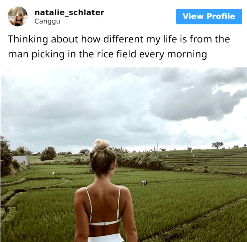 A Swedish woman generated so much backlash over a post in which she compared her life to that of a Bali rice farmer that she ended up deleting her Instagram account.