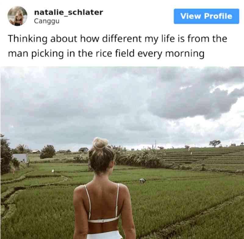 A Swedish woman generated so much backlash over a post in which she compared her life to that of a Bali rice farmer that she ended up deleting her Instagram account.