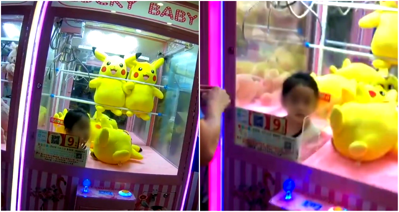 Girl Gets Trapped Inside Claw Machine Reaching for Pikachu Doll