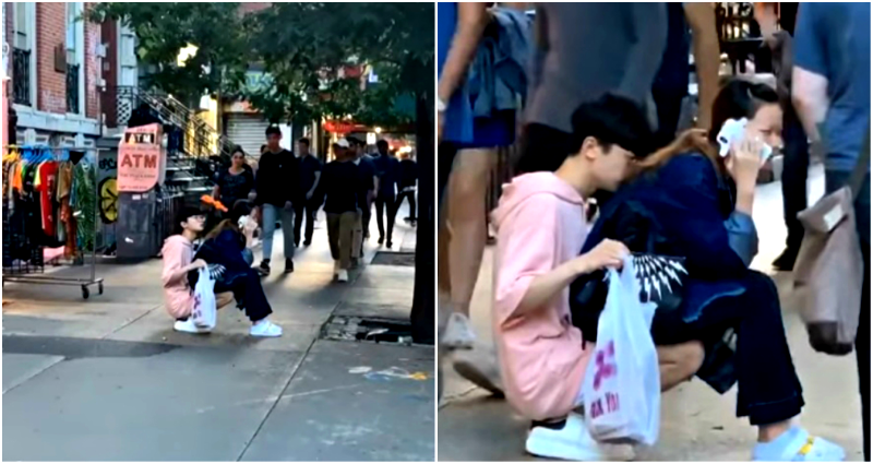 Man Turns Himself Into ‘Chair’ for Girlfriend on Busy Sidewalk