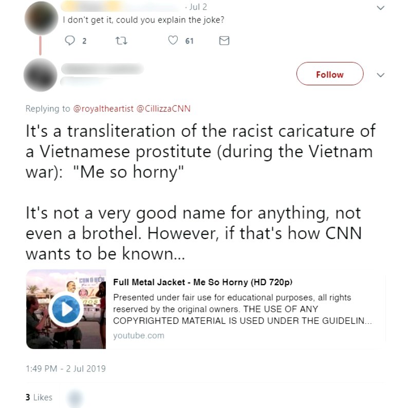 A political commentator for CNN has come under fire after posting a tone-deaf tweet suggesting “Miso Honey” was an excellent choice for a food truck name.