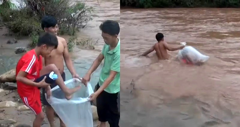 Vietnamese Children Taken Across River in Plastic Bags to Get to School