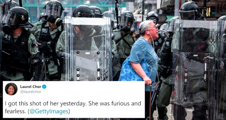 Brave Granny Confronts Hong Kong Police to Protect young Protesters