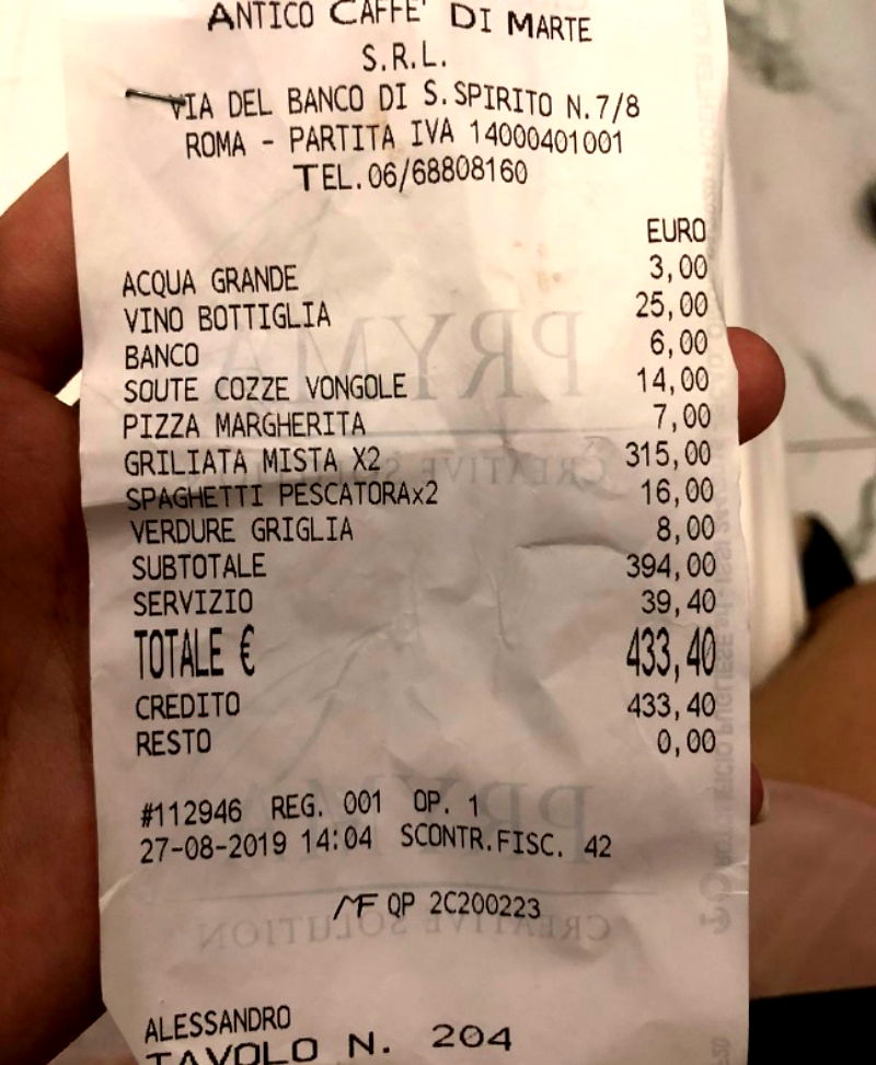 A restaurant in Rome is being lambasted on the internet after slapping a pair of Japanese diners with a 430-euro ($471) bill for a relatively simple meal they had early last month.