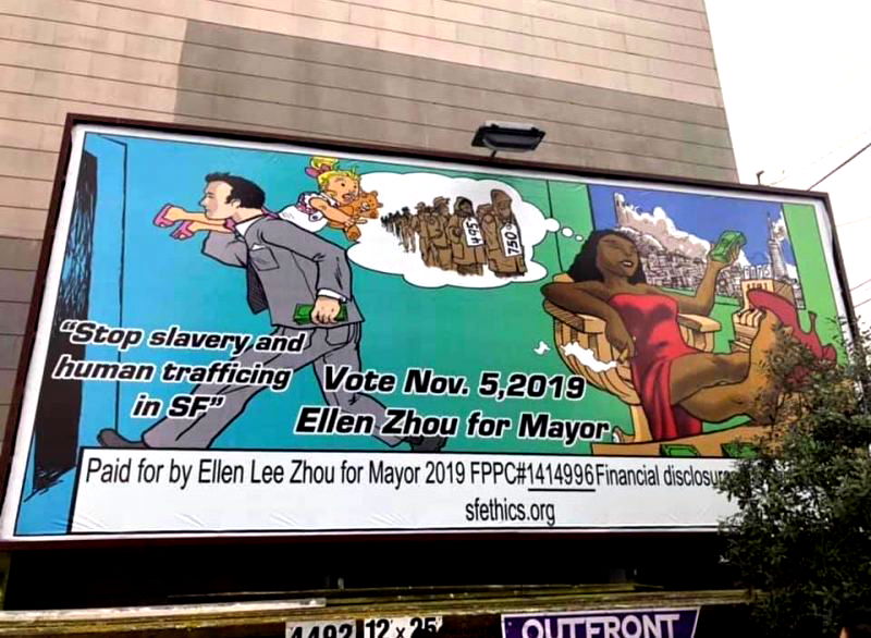 Ellen Lee Zhou, whose supporters have branded as the “Chinese Donald Trump,” sponsored the billboard showing a Black woman in a red dress and heels with her feet up, holding a cigarette in one hand and a stack of cash in the other.