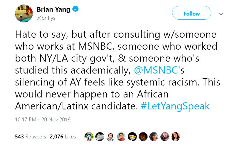 A fundraising director for Andrew Yang criticized MSNBC for “silencing” the latter in the latest Democratic presidential primary debate, describing the move as a case of “systemic racism.”