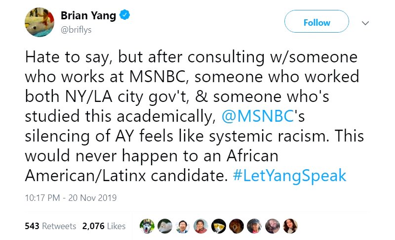 A fundraising director for Andrew Yang criticized MSNBC for “silencing” the latter in the latest Democratic presidential primary debate, describing the move as a case of “systemic racism.”