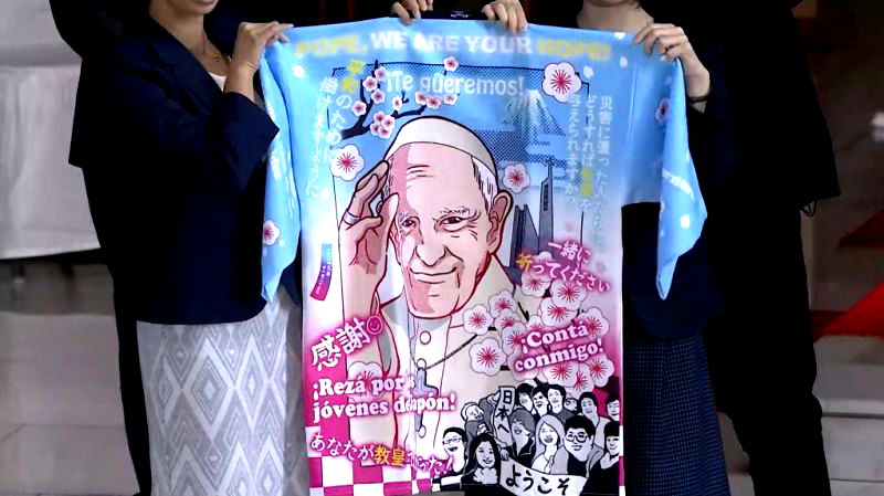 Pope Francis received a coat designed with a figure of himself anime-style as a gift in his Japan trip on Monday.