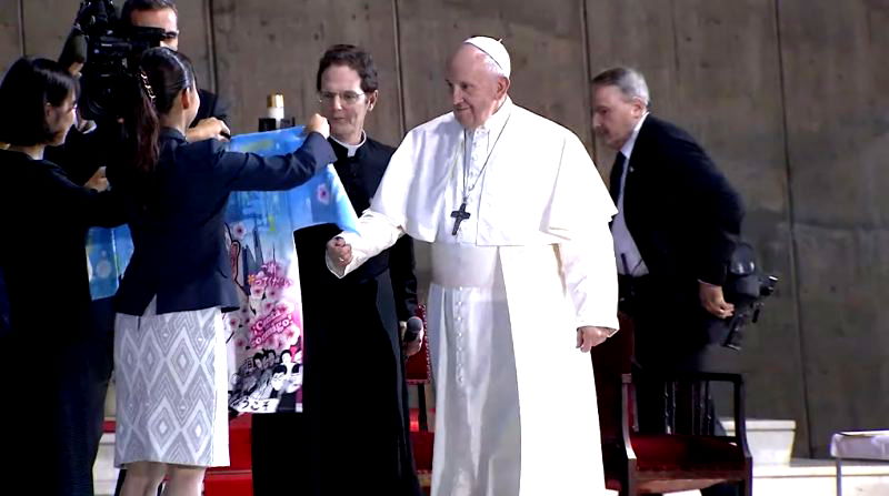 Pope Francis received a coat designed with a figure of himself anime-style as a gift in his Japan trip on Monday.