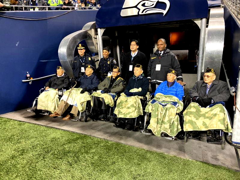 Six Chinese American World War II veterans were honored by the Seattle Seahawks in a game against the Minnesota Vikings (37-30) on Dec. 2.