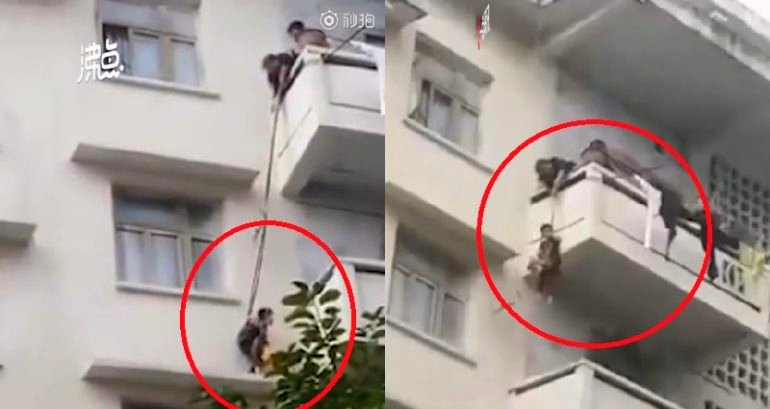 Chinese Granny Dangles Grandson From Balcony to Help Rescue Cat