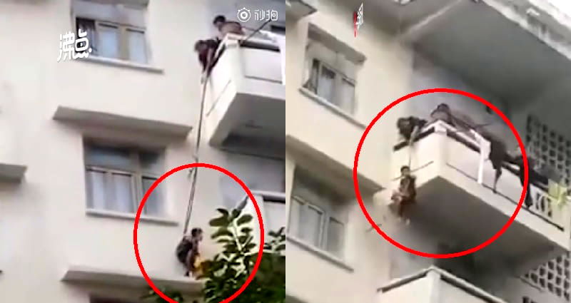 Chinese Granny Dangles Grandson From Balcony to Help Rescue Cat