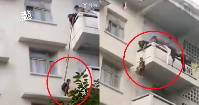 Chinese Granny Dangles Grandson From Balcony to Help Rescue Cat