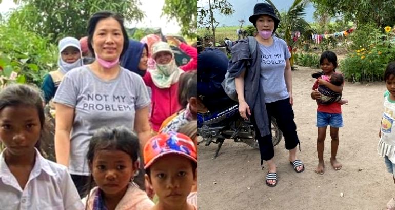 Vietnamese Mom Wears ‘Not My Problem’ Shirt While Doing Charity Work