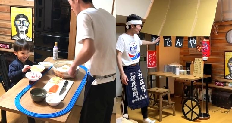 Japanese Dad Builds Mini Sushi Conveyor Belt and Oden Stand at Home for His Son