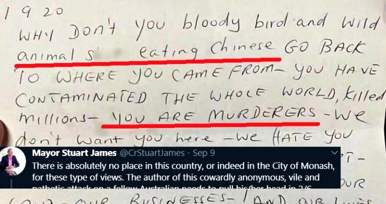 Racist Letter Calling Chinese People ‘Murderers’ Posted on Shop in Melbourne