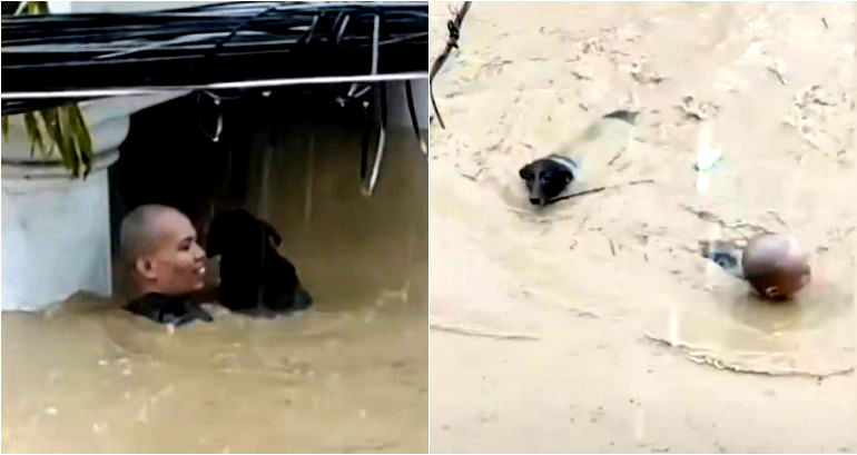 Man Braves Deep Floodwater to Save Dog During Typhoon Ulysses in the Philippines