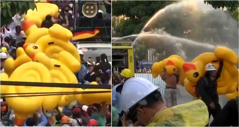 Thai Protesters Use Giant Ducks to Shield Against Tear Gas-Laced Water Cannons
