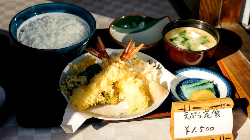 Replica of a Japanese meal, shrimp tempera, rice, miso soup