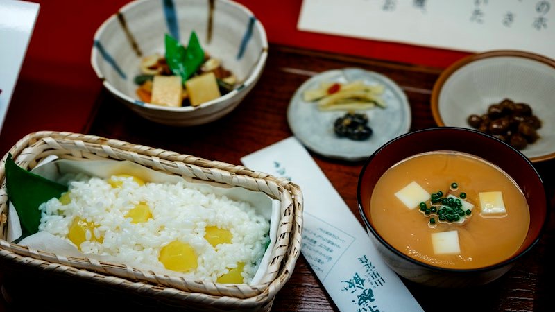 Replica of a Japanese meal, side dishes, rice, miso soup