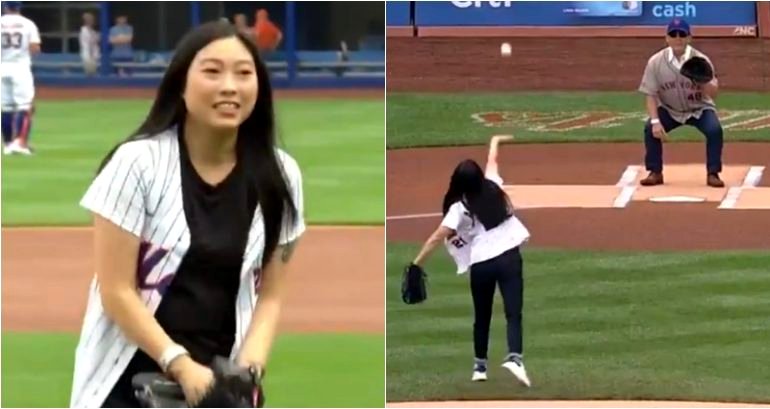 Awkwafina throws first pitch at Mets game to her dad in hometown of Queens