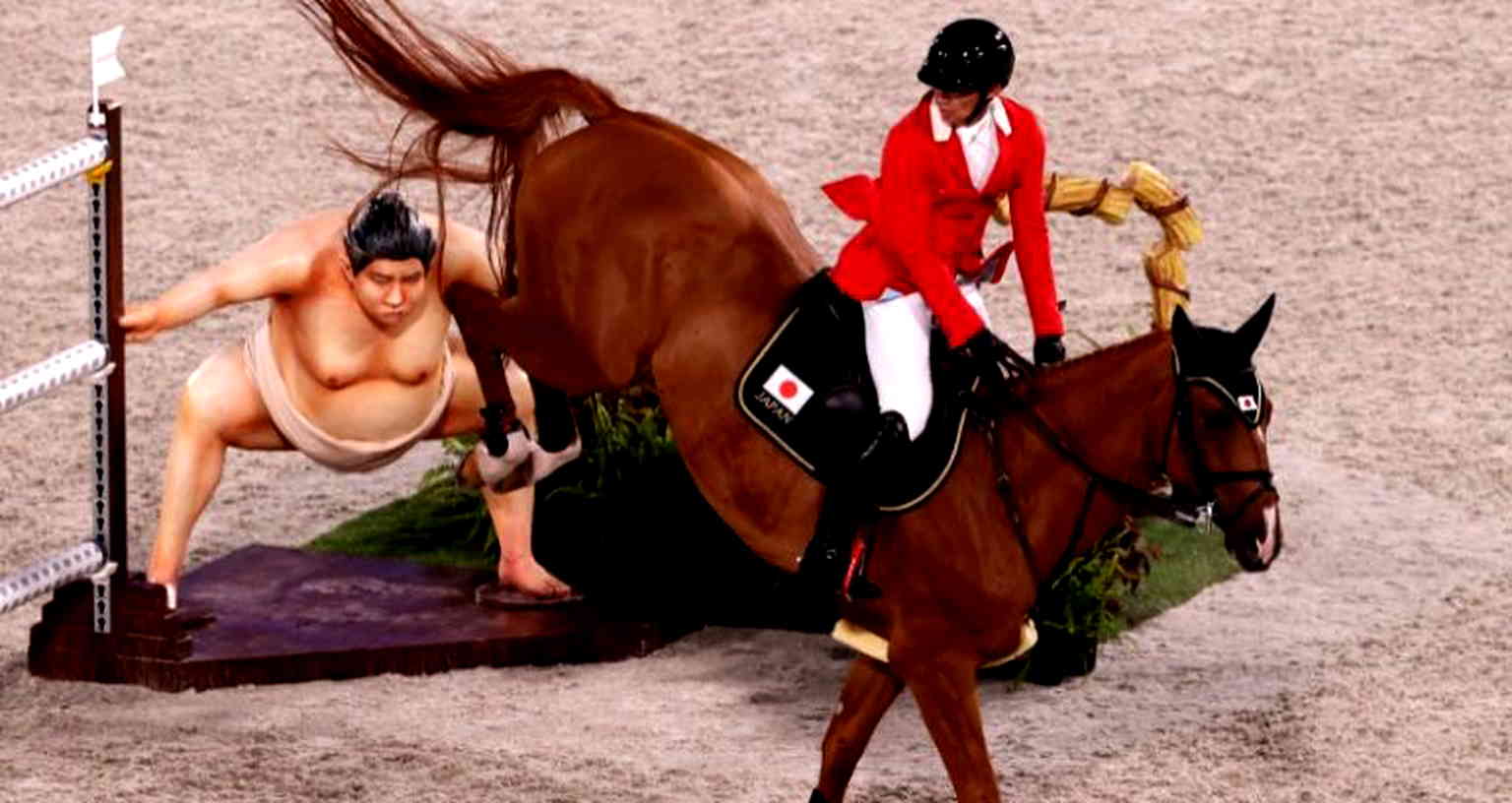 ‘You see a big guy’s butt’: Sumo wrestler statue at Olympics equestrian show allegedly ‘spooks’ horses