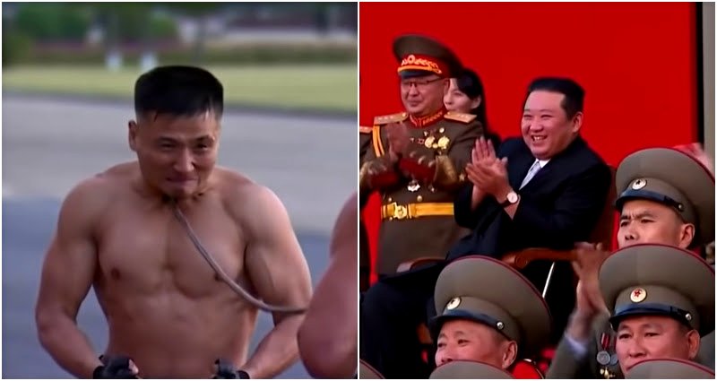 Shirtless North Korean soldiers break bricks with their heads, lay on glass and nails for Kim Jong-un
