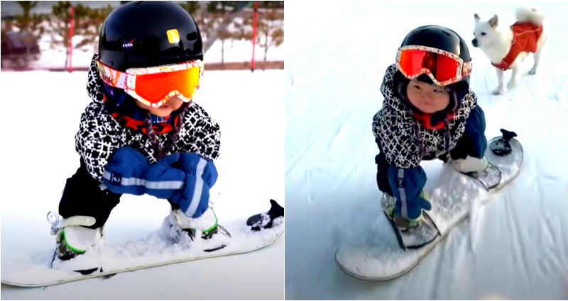 This 11-month-old baby can barely walk but went viral for snowboarding downhill