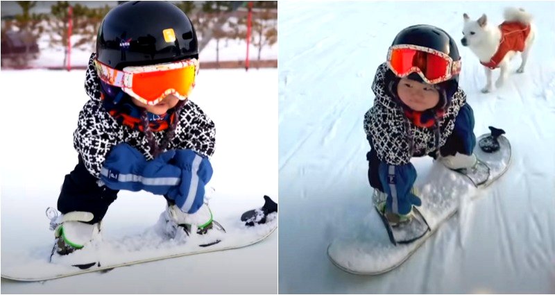 This 11-month-old baby can barely walk but went viral for snowboarding downhill
