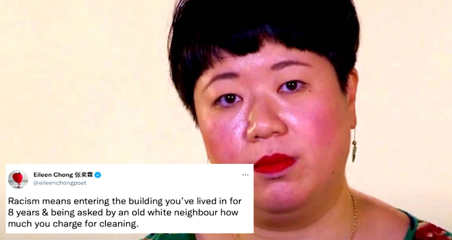 Australian poet Eileen Chong says she was asked a racist question by her white neighbor