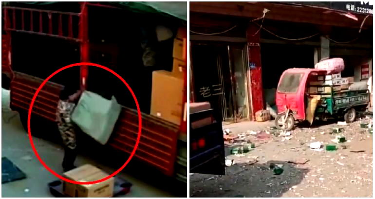 Video: Package explodes on impact after being put on ground by unsuspecting employee