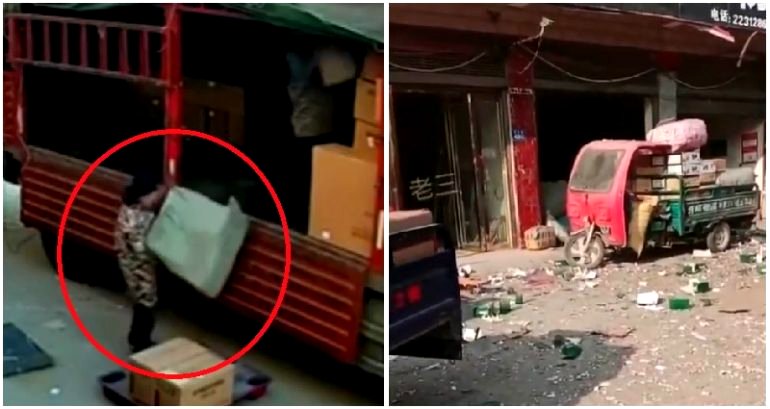 Video: Package explodes on impact after being put on ground by unsuspecting employee