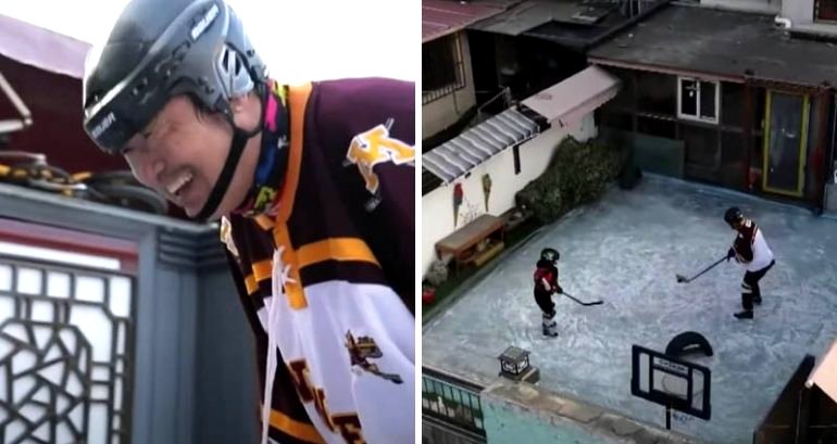 66-year-old man in China transforms his terrace into ice rink to play hockey with grandson