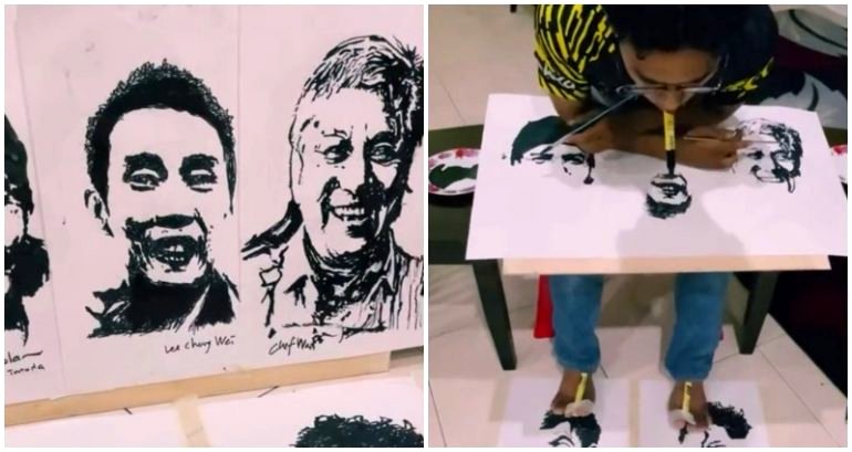 Video: Malaysian artist draws multiple portraits with his hands, feet and mouth all at the same time