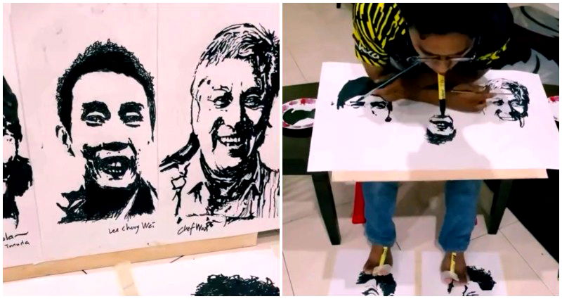 Video: Malaysian artist draws multiple portraits with his hands, feet and mouth all at the same time