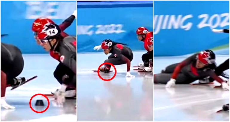 Viral Olympics GIF allegedly shows Team China speed skater push puck to trip Team Canada opponent