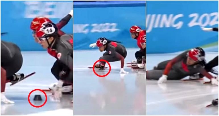 Viral Olympics GIF allegedly shows Team China speed skater push puck to trip Team Canada opponent