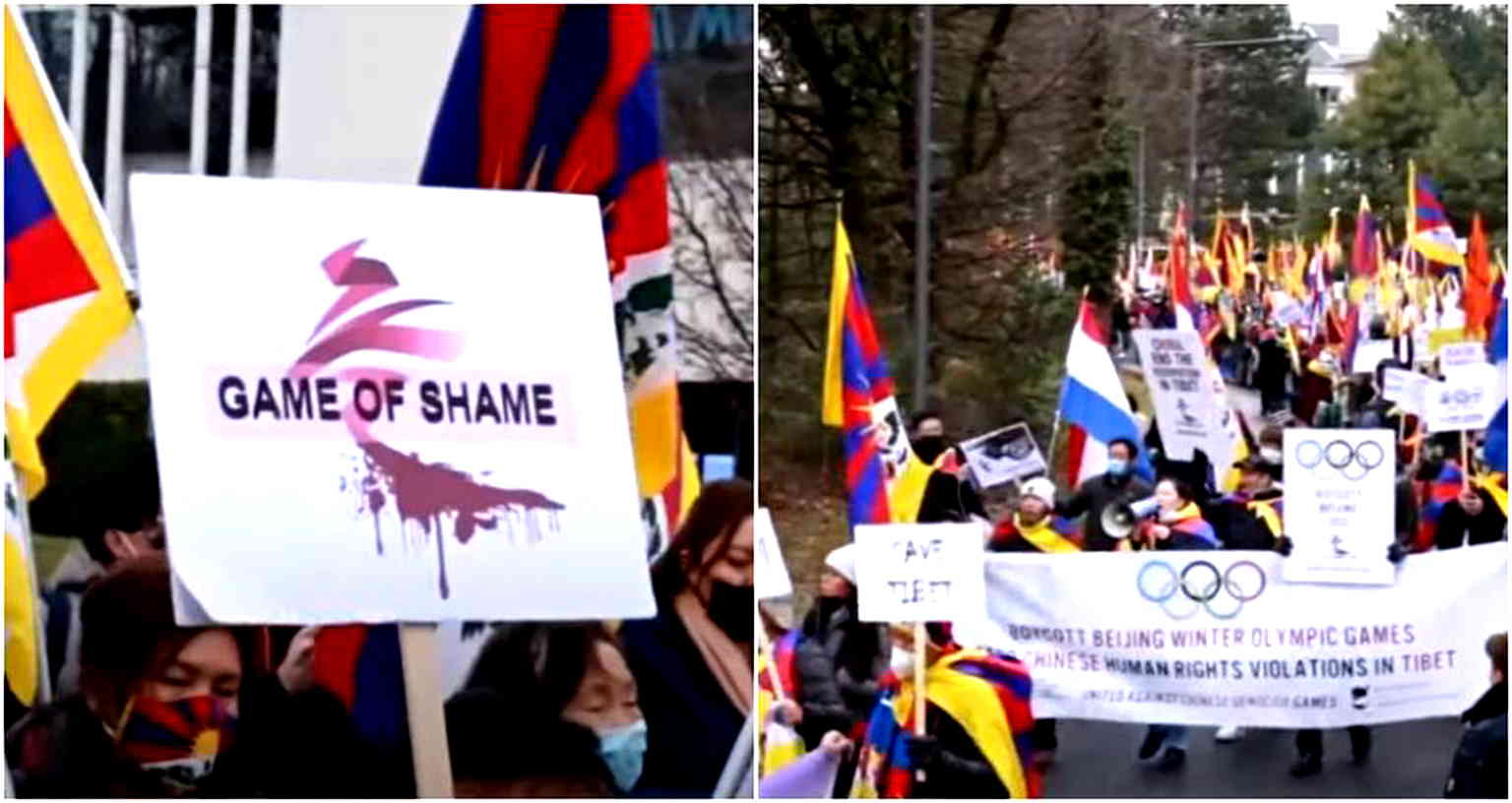 Tibetans protest ‘Beijing Olympics: genocide Games’ outside IOC headquarters and Dalai Llama exile home