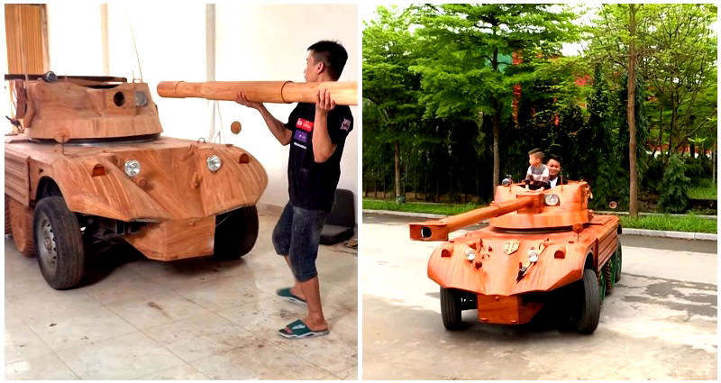 Vietnamese father spends $11,000 to convert old van into French wooden tank for his son