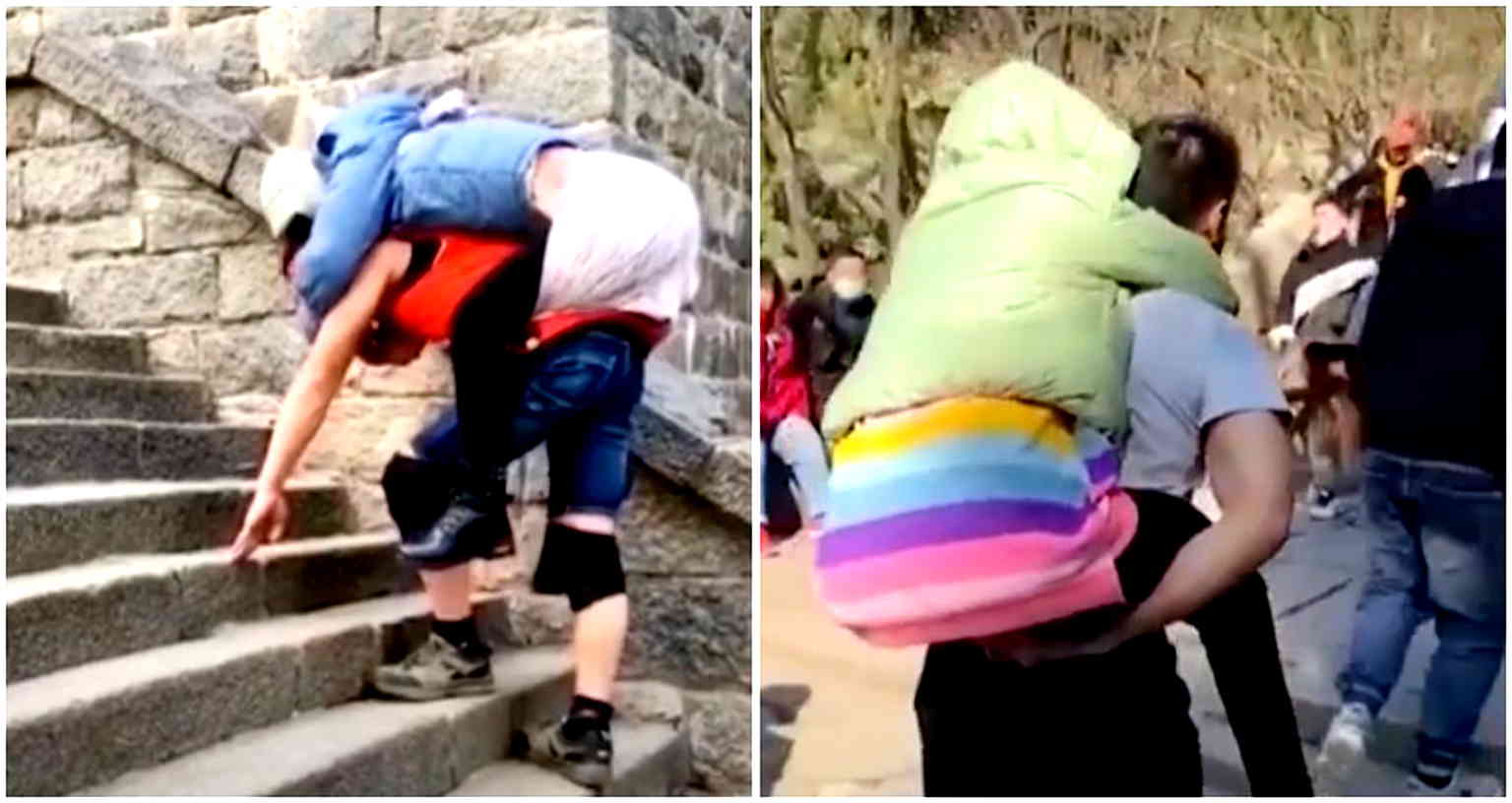 Chinese husband carries paralyzed wife on his back 12 hours up mountain as symbol of their love’s strength
